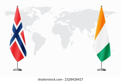 Norway and Ivory Coast flags for official meeting against background of world map.