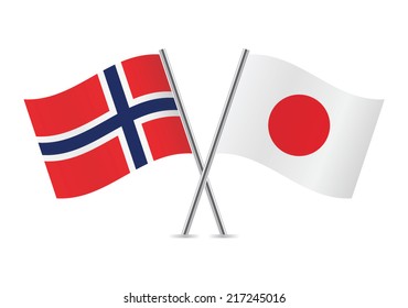 Norway and Japan crossed flags. Norwegian and Japanese flags on white background. Vector icon set. Vector illustration.