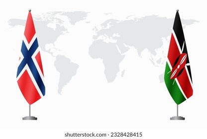 Norway and Kenya flags for official meeting against background of world map.