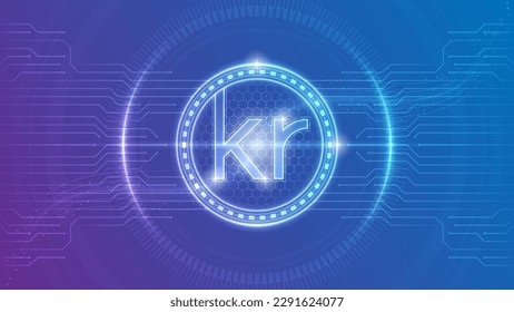 Norway Krone (NOK) Currency Symbol Futuristic Neon Glow Cybernetic Digital Circuit Cryptocurrency Backdrop Background Design Illustration