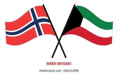 Norway and Kuwait Flags Crossed And Waving Flat Style. Official Proportion. Correct Colors.