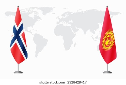 Norway and Kyrgyzstan flags for official meeting against background of world map.