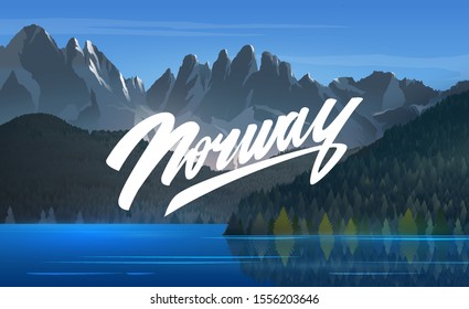 Norway landscape and lettering. Mountain landscape and lake. Jotunheimen National Park. Nature of norwey.