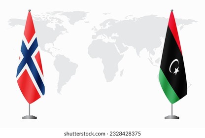 Norway and Libya flags for official meeting against background of world map.