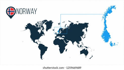 Norway location on the world map for infographics. All world countries without names. Norway round flag in the map pin or marker. vector illustration on stripped background.