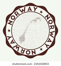 Norway logo. Artistic country badge with word cloud in shape of Norway. Round emblem with country name. Elegant vector illustration.