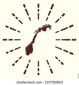 Norway Logo. Grunge sunburst poster with map of the country. Shape of Norway filled with hex digits with sunburst rays around. Creative vector illustration.