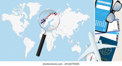 Norway is magnified over a World Map, illustration with airplane, passport, boarding pass, compass and eyeglasses. Vector illustration.