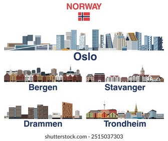 Norway main cities skylines isolated illustrations. Vector set