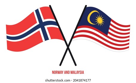 Banderas de Noruega y Malasia Cruzadas y ondeando estilo plano. Proporción oficial. Colores correctos.