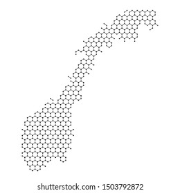 Norway map from abstract futuristic hexagonal shapes, lines, points black, in the form of honeycomb or molecular structure. Vector illustration.