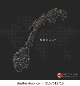 Norway map abstract geometric mesh polygonal light concept with black and white glowing contour lines countries and dots on dark background. Vector illustration.