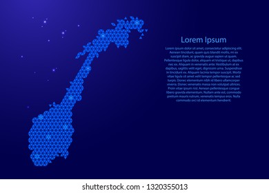 Norway map abstract schematic from blue triangles repeating pattern geometric background with nodes and space stars for banner, poster, greeting card. Vector illustration.