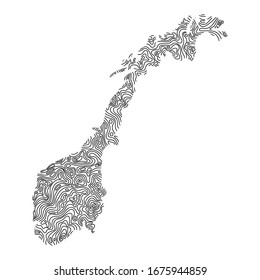 Norway map from black isolines or level line geographic topographic map grid. Vector illustration.