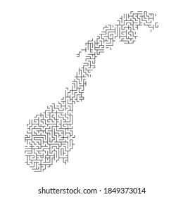 Norway map from black pattern of the maze grid. Vector illustration.