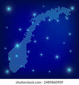 Norway map in blue. Dotted map. Dots  Kingdom of Norway map with spotlights on dark blue background.  Global social network.  Blue futuristic background with Dotted map . EPS10