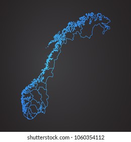 Norway map: blue glitter outline with sparkling stars on dark background. Detailed map of Norway. Vector illustration.