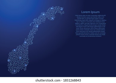Norway map from blue pattern of the maze grid and glowing space stars grid. Vector illustration.