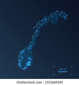 Norway map with cities. Luminous dots - neon lights on dark background. Vector illustration. 