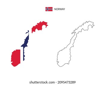 Norwegen Karte Stadt Vektor geteilt durch Umriss Einfachheit Stil. Haben Sie 2 Versionen, schwarze, dünne Linie Version und Farbe der Landesflagge-Version. Beide Karten waren auf weißem Hintergrund.