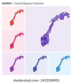 Colección de mapas de Noruega. Forma de país con regiones de color. Paletas de colores Deep Purple, Red, Pink, Purple, Indigo, Blue. Frontera de Noruega con las provincias para su infografía. Ilustración vectorial.