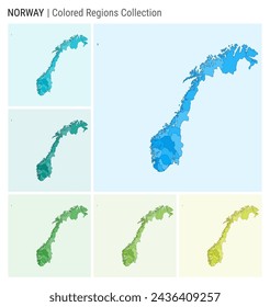 Norway map collection. Country shape with colored regions. Light blue, cyan, teal, green, light green, lime color palettes. Border of Norway with provinces for your infographic. Vector illustration.