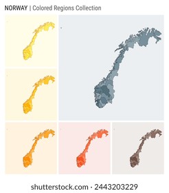 Norway map collection. Country shape with colored regions. Blue, Grey, Yellow, Amber, Orange, Deep Orange, Brown color palettes. Border of Norway with provinces for your infographic.