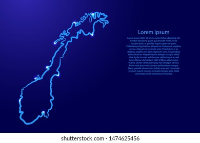 Norway map from the contour blue brush lines different thickness and glowing stars on dark background. Vector illustration.
