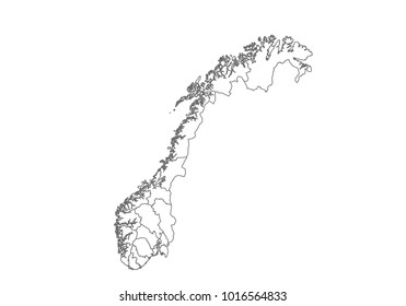 norway map with country borders, thin black outline on white background. High detailed vector map with counties/regions/states - norway. contour, shape, outline, on white.
