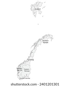 Norwegische Karte. Karte Norwegens in sechs weiße Hauptregionen unterteilt