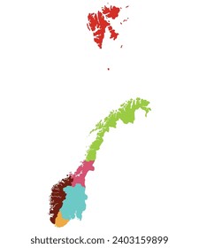 Norway map. Map of Norway divided into six main regions 