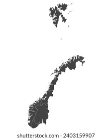 Norway map. Map of Norway divided into six main regions in grey color