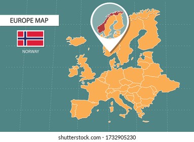 Norway map in Europe zoom version, icons showing Norway location and flags.