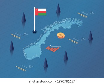 Norway Map, Flag and Currency Modern Isometric Business and Economy Vector Illustration Design