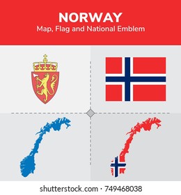 Norway Map, Flag and National Emblem 