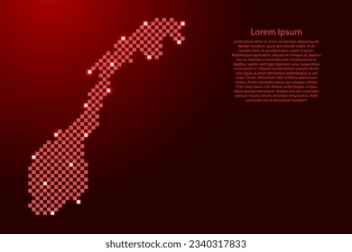 Norway map from futuristic red checkered square grid pattern and glowing stars for banner, poster, greeting card