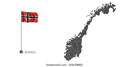 Norway map. gray country vector map and flag 3d illustration.