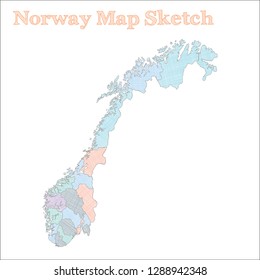 Norway map. Hand-drawn country. Unique sketchy Norway map with regions. Vector illustration.