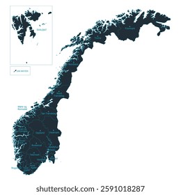 Norway map high detailed with administrative divide by state, capital cities names, outline simplicity style. Vector illustration EPS10.