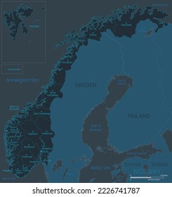 Mapa de Noruega. Mapa detallado de Noruega con países, fronteras, ciudades, objetos de agua. Ilustración vectorial eps10.