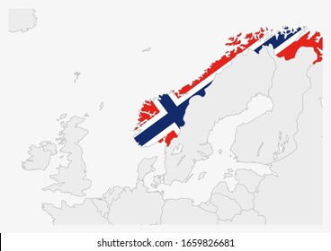 Norway map highlighted in Norway flag colors, gray map with neighboring countries.