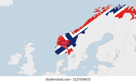 Norway map highlighted in Norway flag colors and pin of country capital Oslo, map with neighboring European countries.