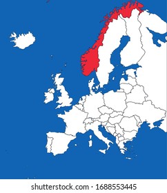 Norway map highlighted on europe map. White on blue background. Perfect for business concepts, backgrounds, backdrop, poster, sticker, banner, label and wallpaper.