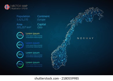 Norway map infographics vector template with abstract geometric mesh polygonal light concept on blue background. Template for diagram, graph, presentation and chart.