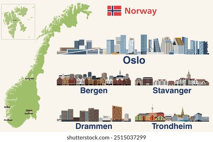 Norway map with main cities on it. Norway cities skylines illustrations. Vector set