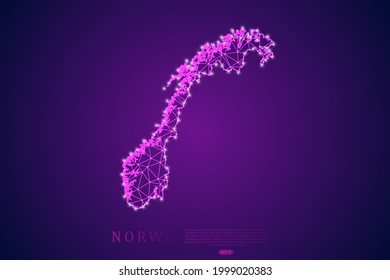 Noruega Mapa la línea de purga y escalas puntuales sobre el fondo de la tecnología púrpura. Malla 3D del marco de cables línea de red poligonal, esfera de diseño, punto y estructura - Ilustración vectorial eps 10