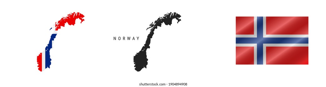 Norway. Map with masked flag. Detailed silhouette. Waving flag. Vector illustration isolated on white.