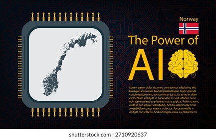 Norway map with microchip war and AI concept on circuit board, Power of AI with country map. Global connectivity with big data. Design for UI backgrounds or FinTech projects.