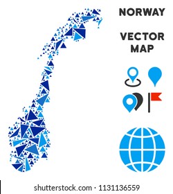 Norway map mosaic of blue triangle elements in variable sizes and shapes. Vector polygons are organized into geographic Norway map mosaic. Geometric abstract vector illustration in blue color hues.