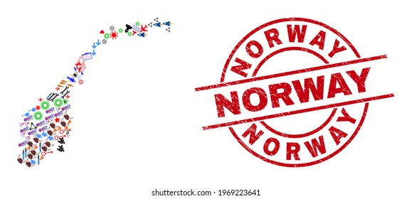 Norway map mosaic and scratched Norway red circle seal. Norway badge uses vector lines and arcs. Norway map mosaic contains helmets, houses, wrenches, suns, stars, and more icons.